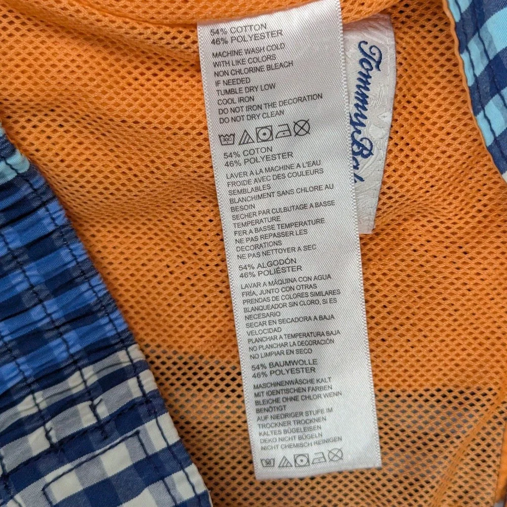 Tommy Bahama Mens Blue‎ Orange Gingham Plaid Swim Trunks Board Shorts Medium